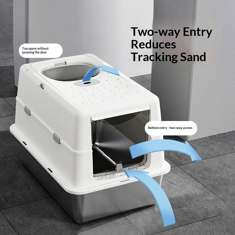 Boîte à litière pour chats en acier inoxydable avec couvercle de dessus en Flip