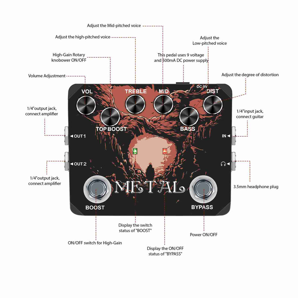 Effet de guitare en métal Pedal Traditional Metal Sound 80s/90 Sortie casque TREBLE/MID/BASS