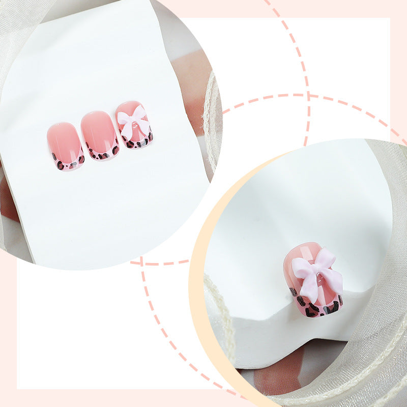 Portable courte Leopard-print Contraste couleur Bow Fake Nails Tip-style