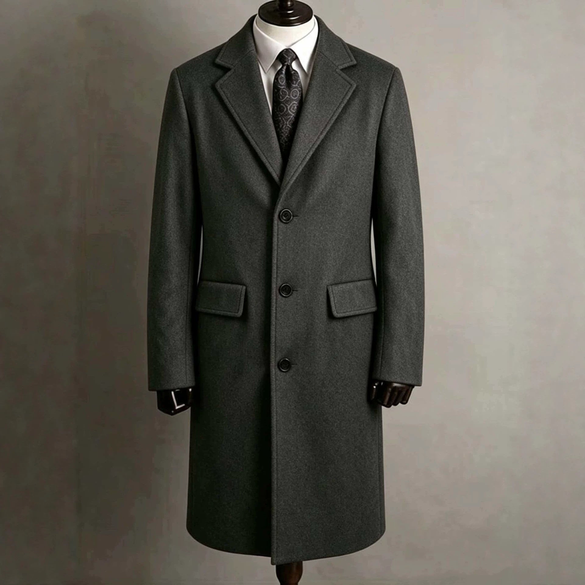 Mens Slim-Fit Trench Longueur Extended-Length Coat with Pocket Flaps