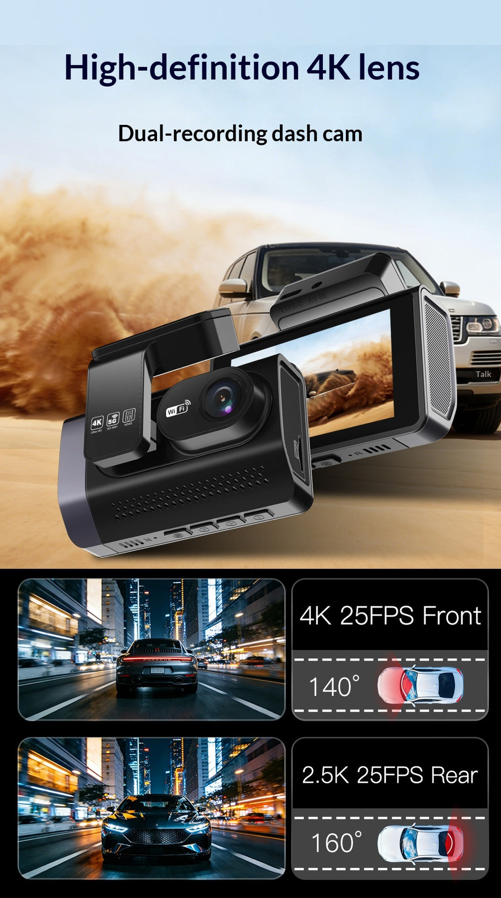 Voiture haute définition 4K avant et arrière double enregistrement dans le véhicule Dashcam