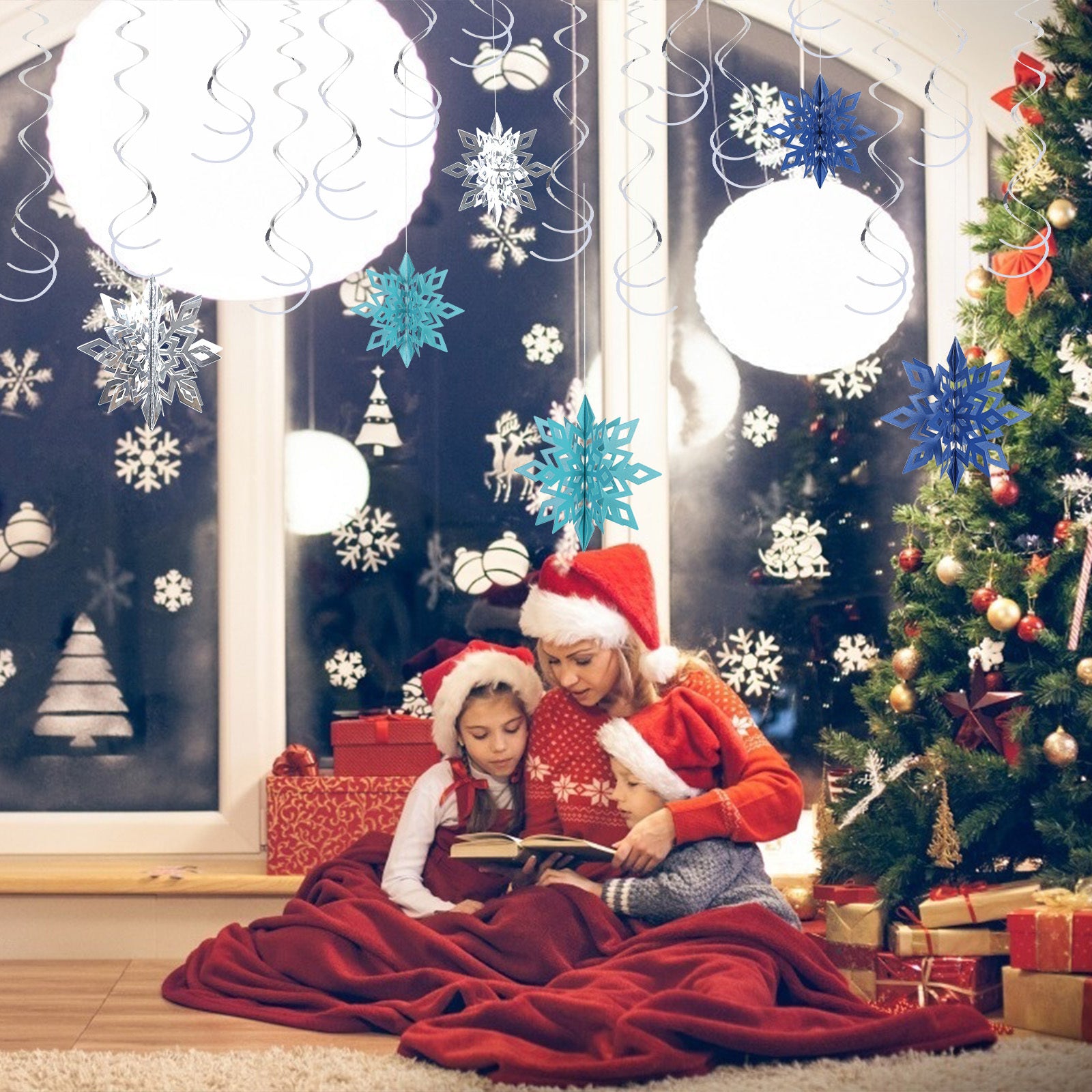 Ensemble de décoration de flocons de neige en argent – 18 Élégantes doubles spirales et 1 grand flocon de neige 3D pour Fès