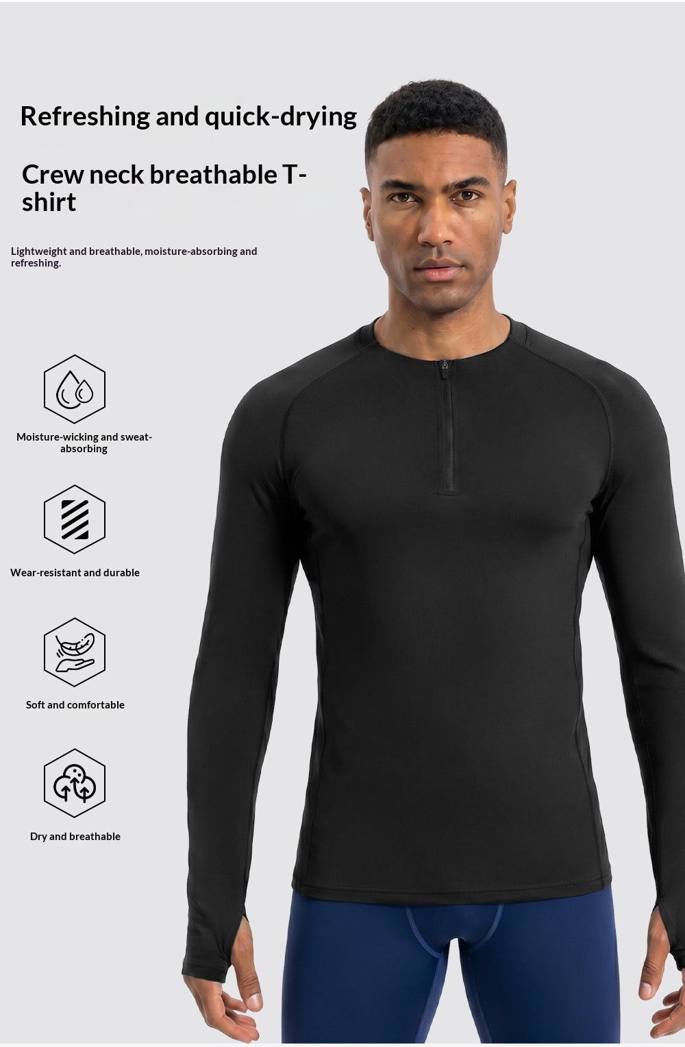 T-shirt sport demi-zip à manches longues pour hommes à séchage rapide