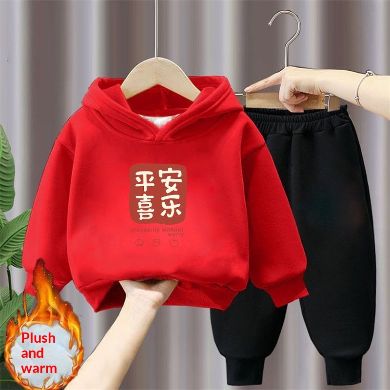 Ensemble de deux pièces à capuche et à sweatpants rouge festifs de style chinois doublé de polaire