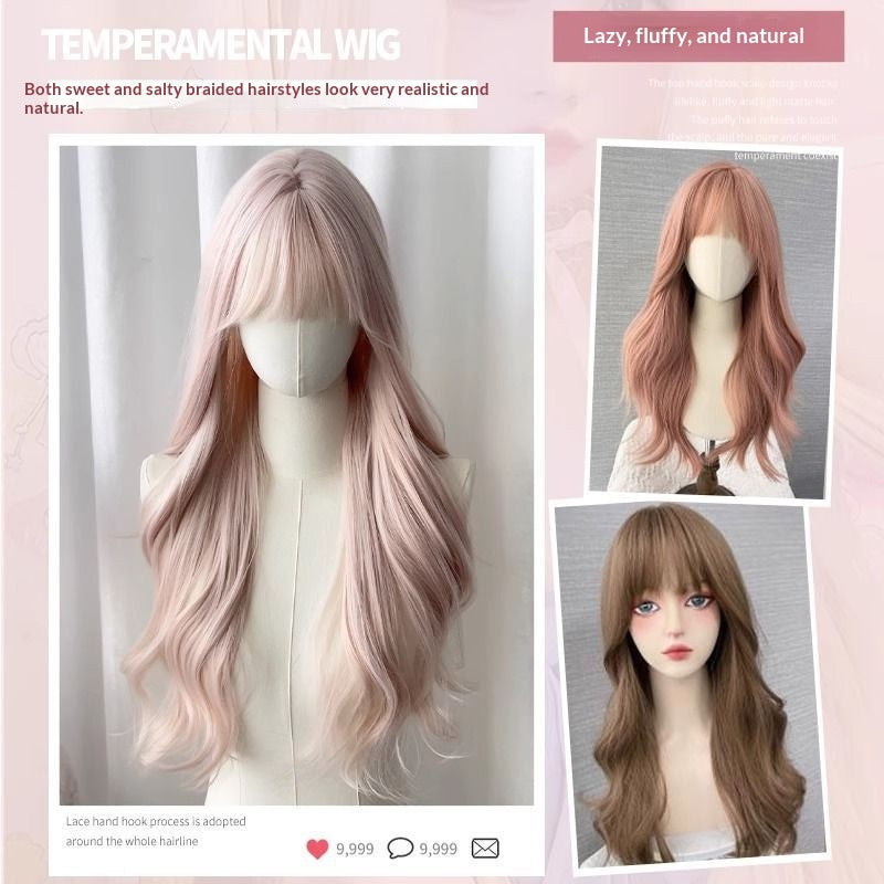 Foggy Pink-or Naturel Long Curls Perruque pleine tête