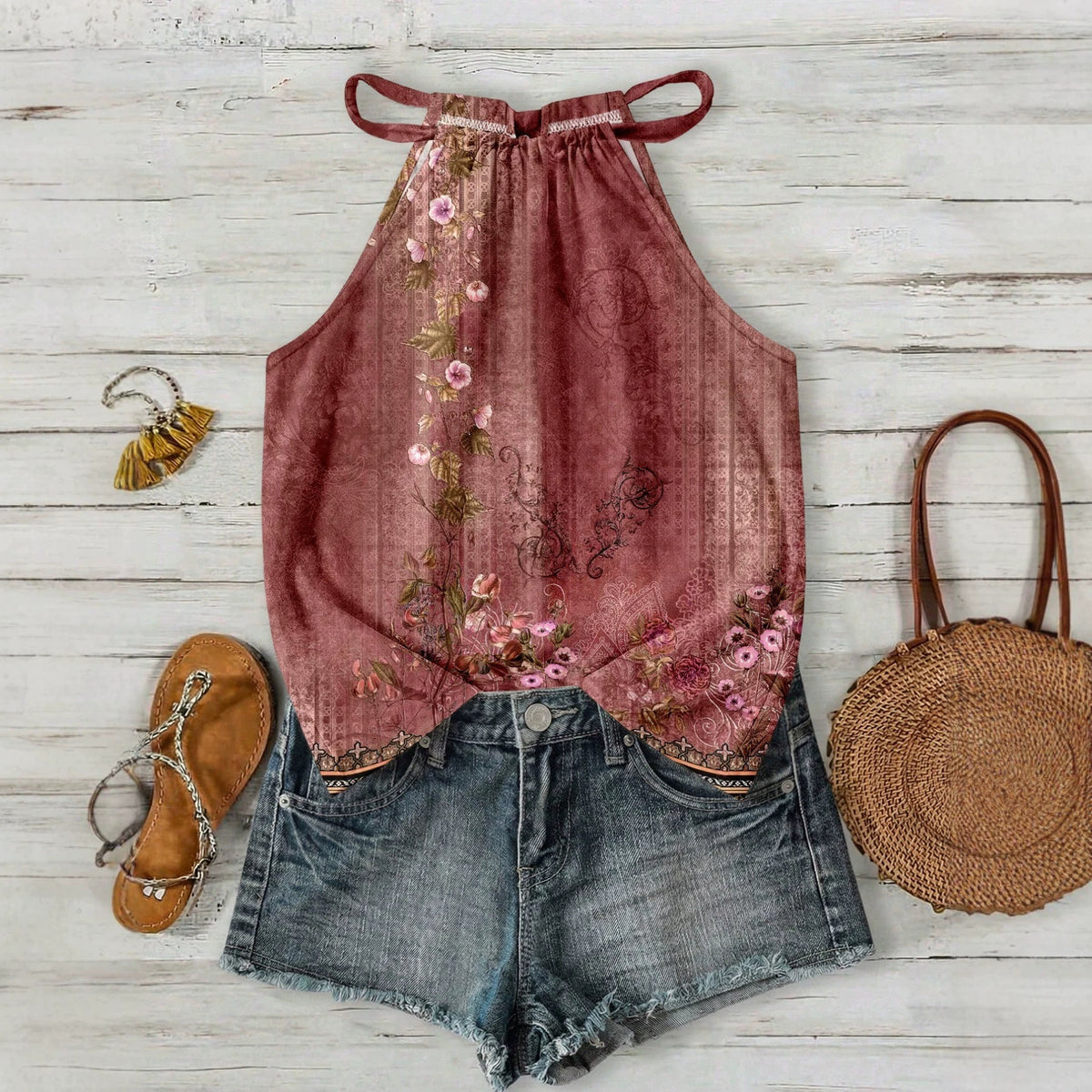 Femmes Casual Resort style Halter-neck Sleeveless Tank Top