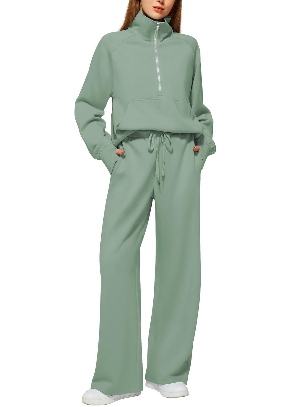 European and American Amazon Women's Two Piece Set Sweatshirt surdimensionné demi-zip Wide-Leg