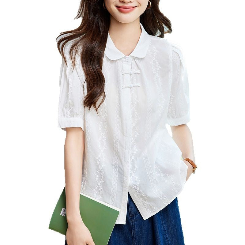 Embroidered Apricot Short Sleeve Shirt with Knots and Buttons
