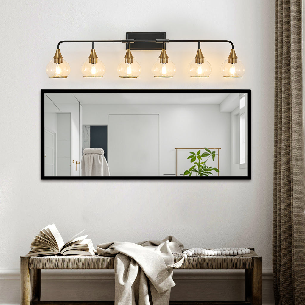 48" moderne 6 lumière Vanity Wall Sconce - Noir et or luminaire de salle de bains avec clair G