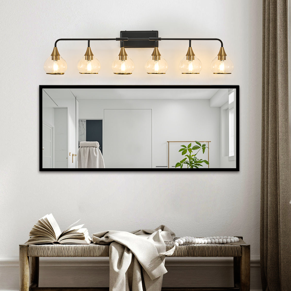 48" moderne 6 lumière Vanity Wall Sconce - Noir et or luminaire de salle de bains avec clair G