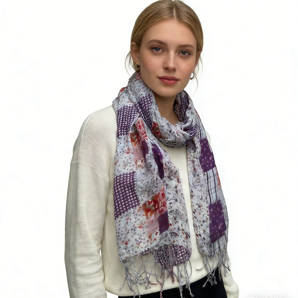 2pcs plume clair violet lavande motif floral imprimé longue écharpe
