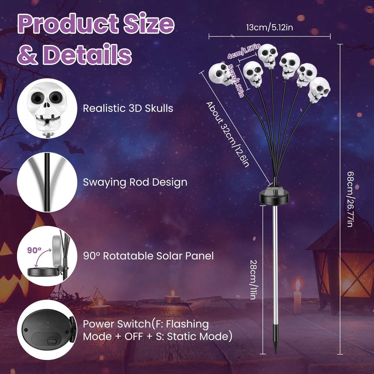 4 Packs Solaire Crâne Lumières Extérieure Décorations d'Halloween Solaire alimenté avec 6 têtes de crâne
