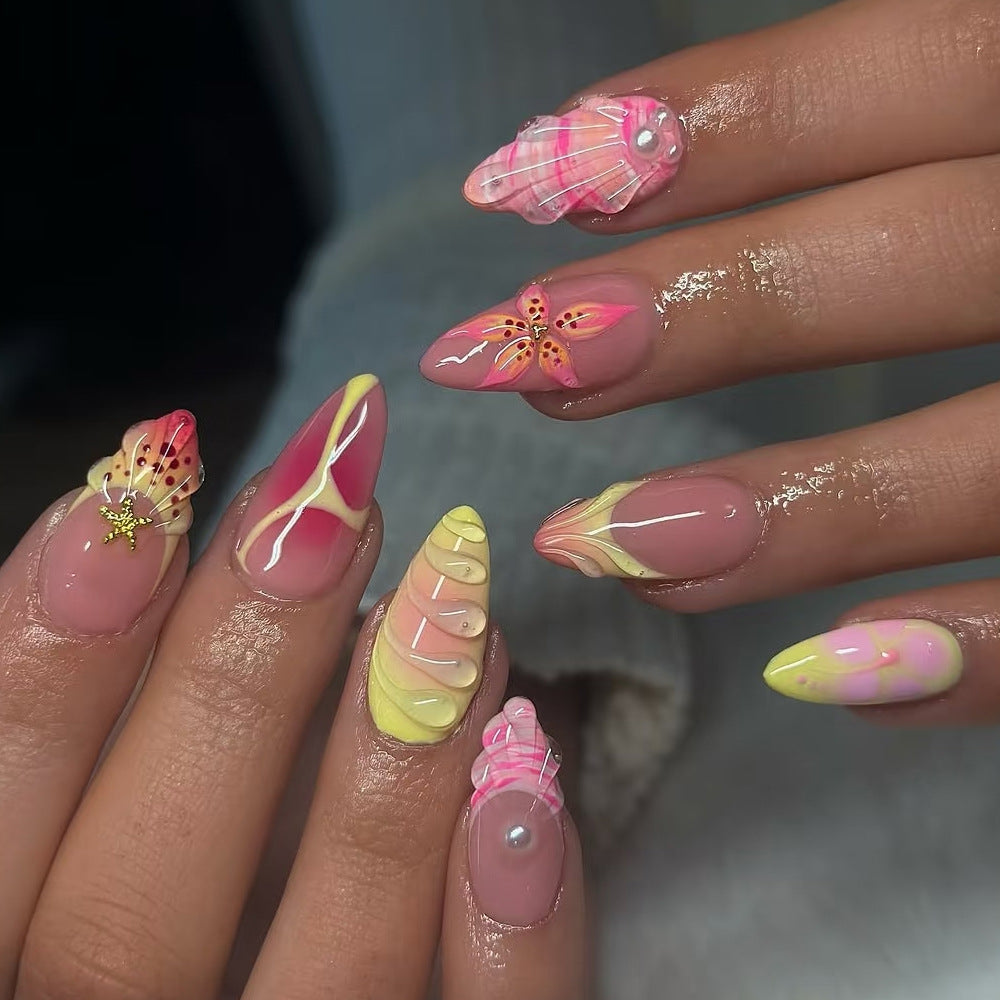 24 pièces de ongles artificiels en forme d'ongle 3D en forme d'amandes courtes avec gemme
