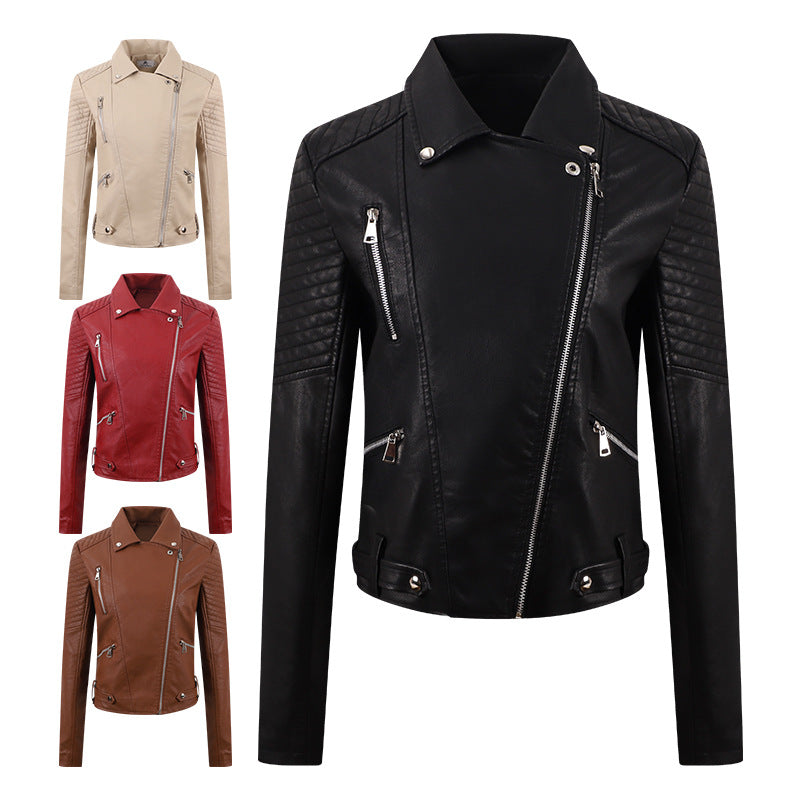 PU Femmes court en cuir Oblique Tir Slim vêtements de moto lavés veste en cuir