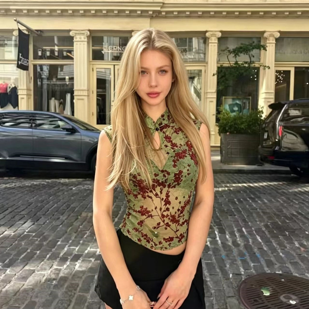 Sexy Floral Sheer Slim-fit Cheongsam-collar T-shirt