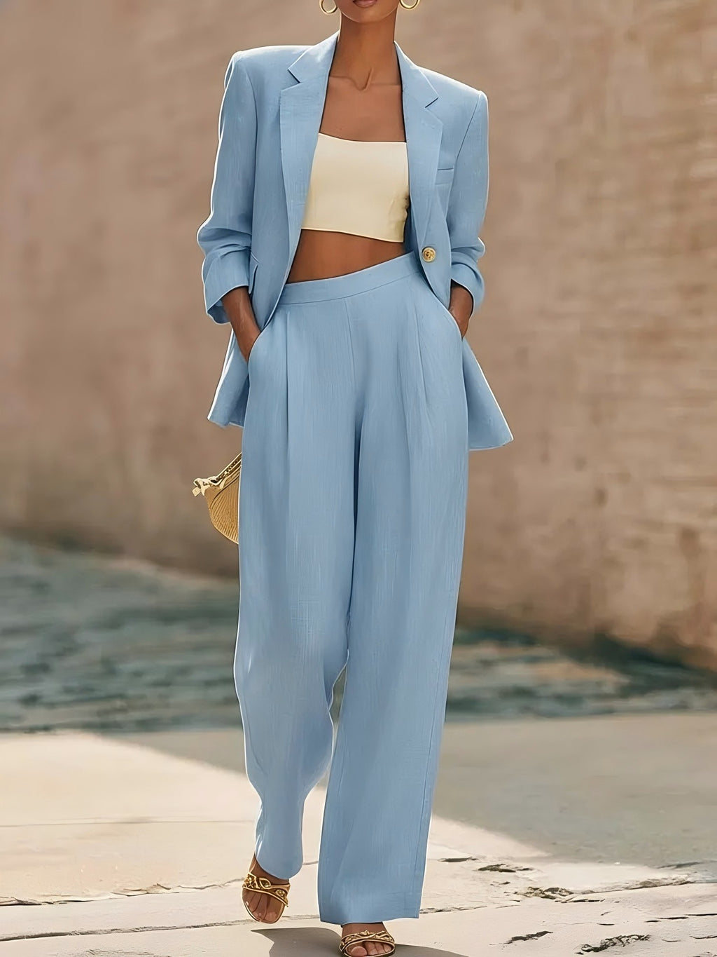 Pantalon bi-pièce pour femmes de couleur unie et pantalon à large jambe