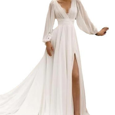 European and American High Waist Plus Size Deep V Long Sleeve Moping Backless Wedding Dre