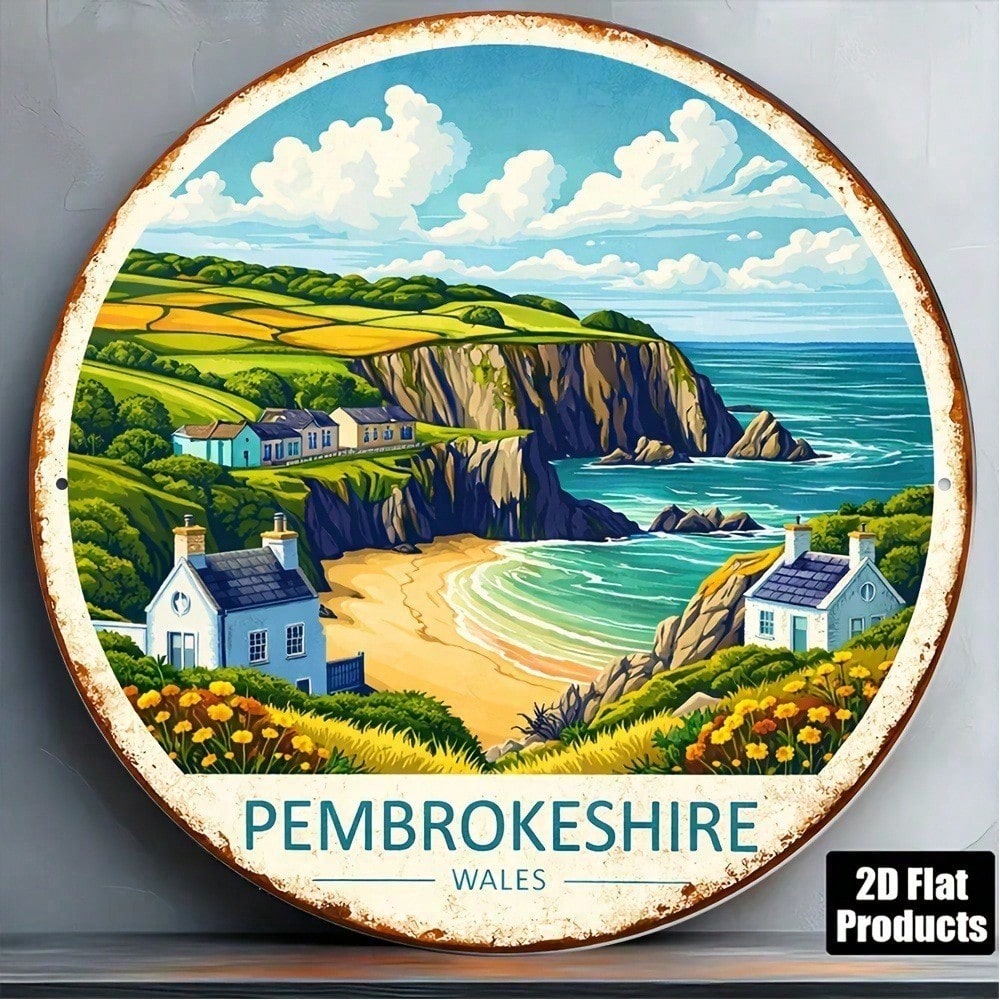Pembrokeshire Wales Vintage Cottage Landmark Panneau mural rond