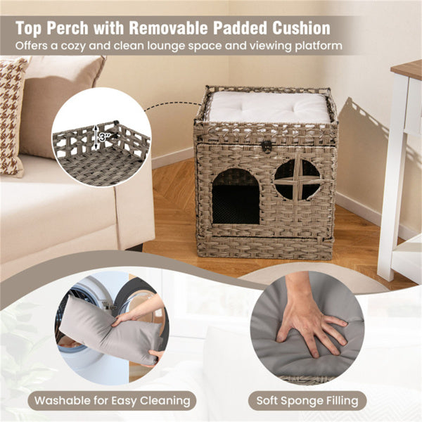 Condo de chat Wicker 2-Tier avec litière - boîte à litière cachée
