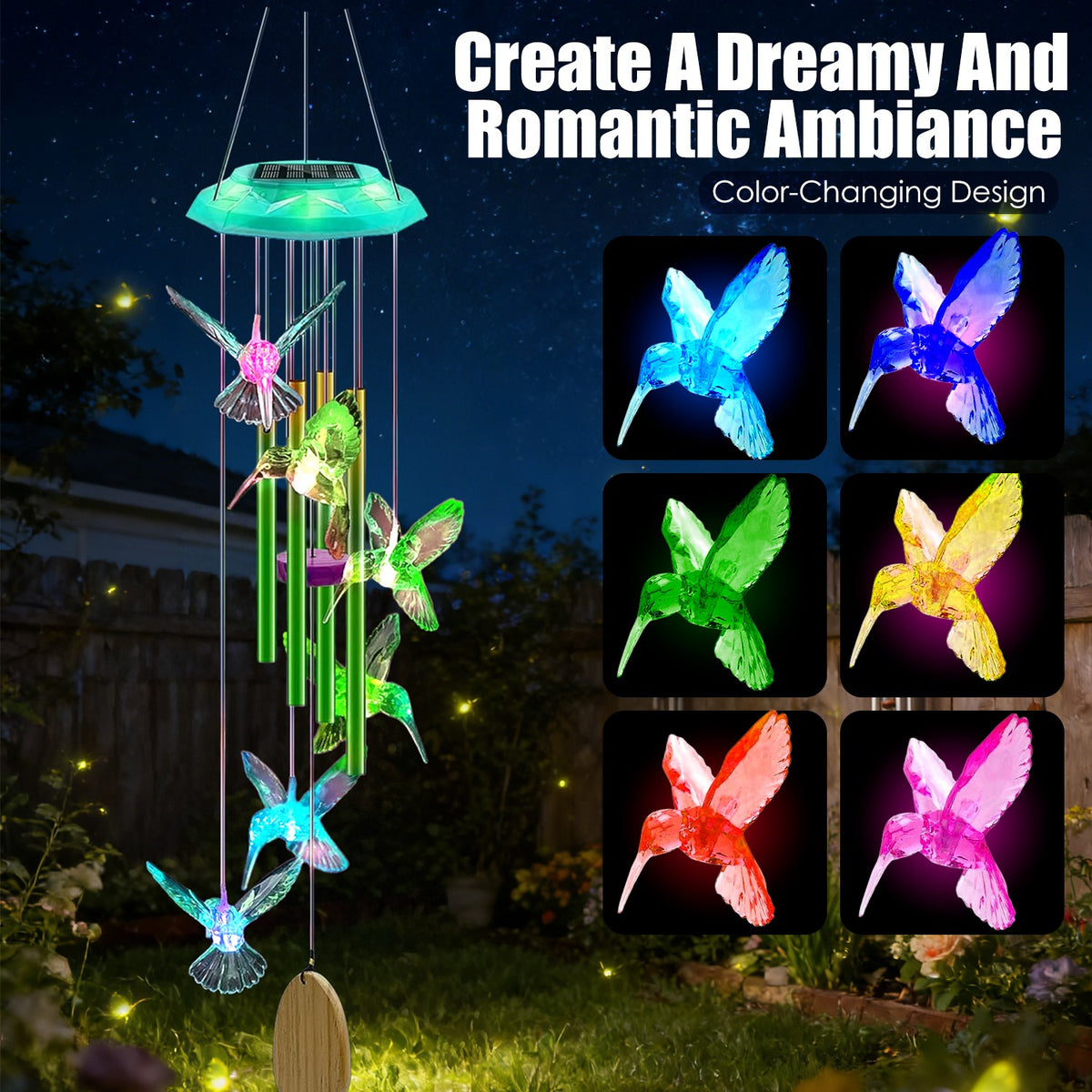 1Pc Solar Butterfly Wind Chime avec tubes en aluminium 7 couleurs changeantes de vent Chime pour l'extérieur