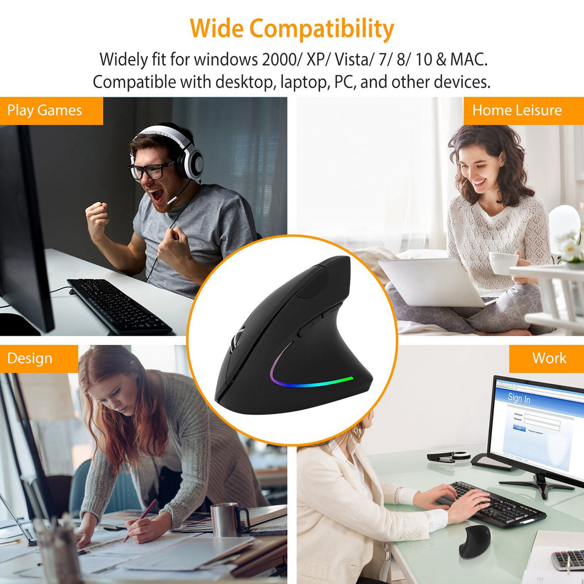 2.4G Ergonomic Wireless Vertical Optical Mouse with 6 Buttons 3 Adjustable DPI 800 12