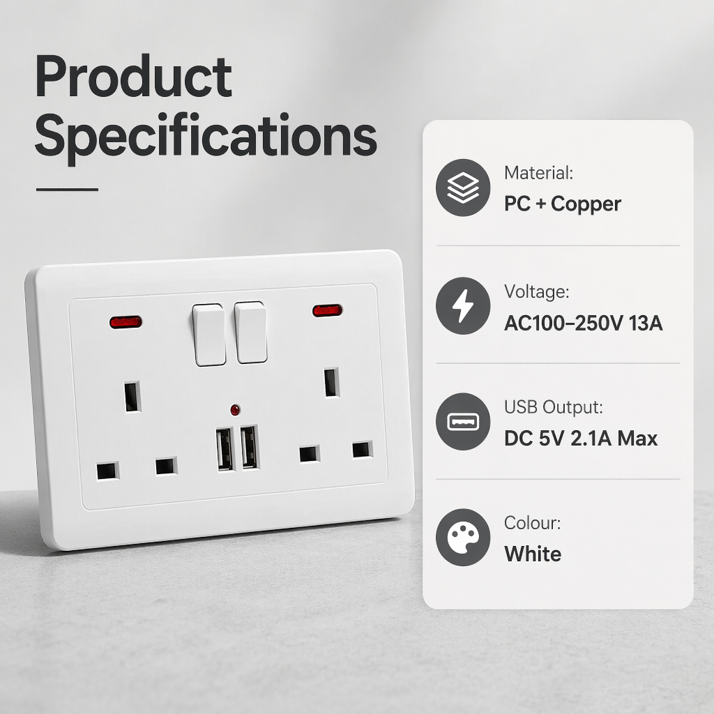 Double Wall Socket 2 Gang 13A W 2 USB Charger Sockets Flat Plate UK