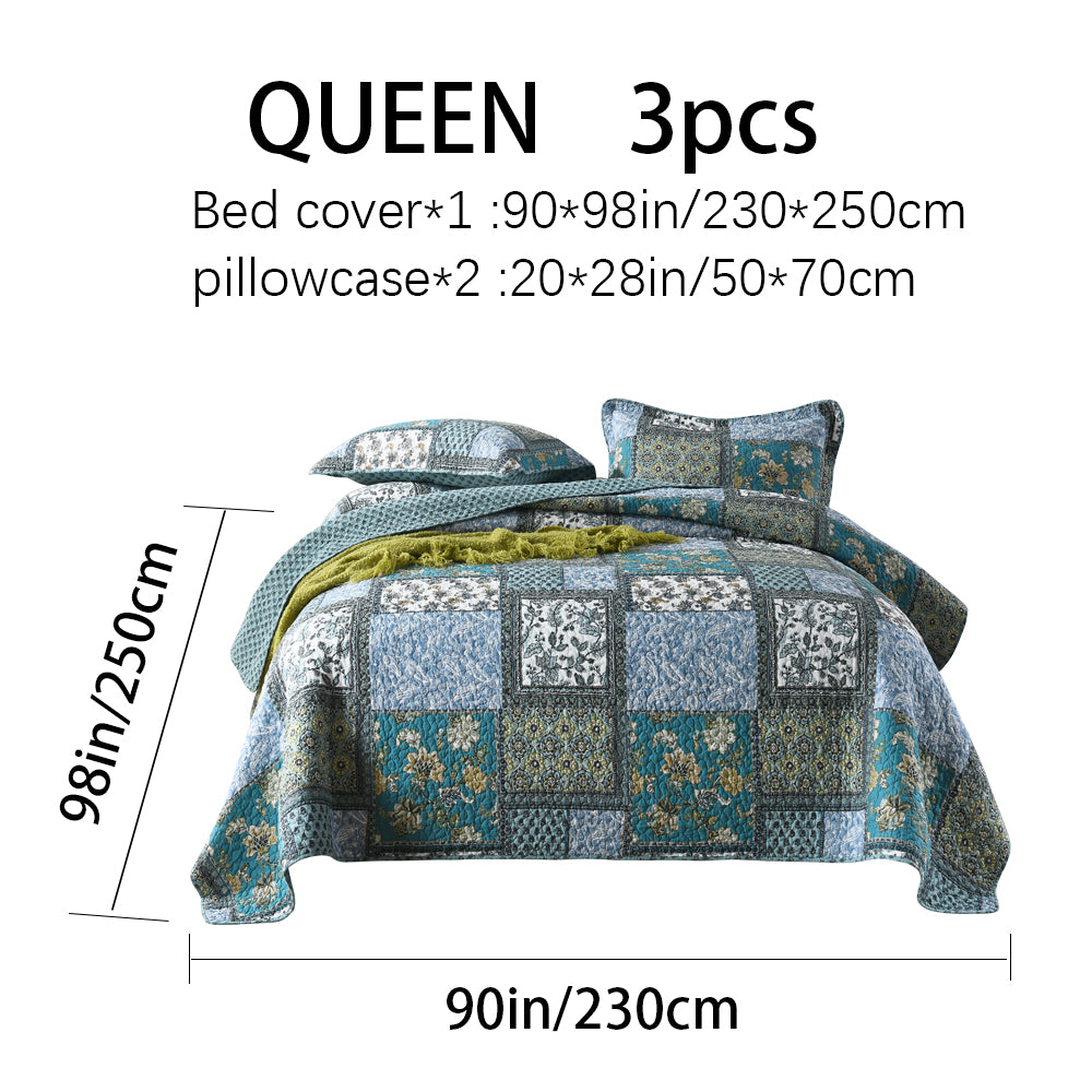 Cotton Reversible Quilt Bedspread Set Vintage Patchwork Floral Print Textured Stripe Rever