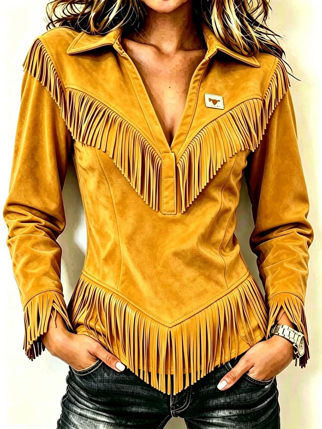 Deerskin Velvet Tassel Slim-fit chemise à manches longues