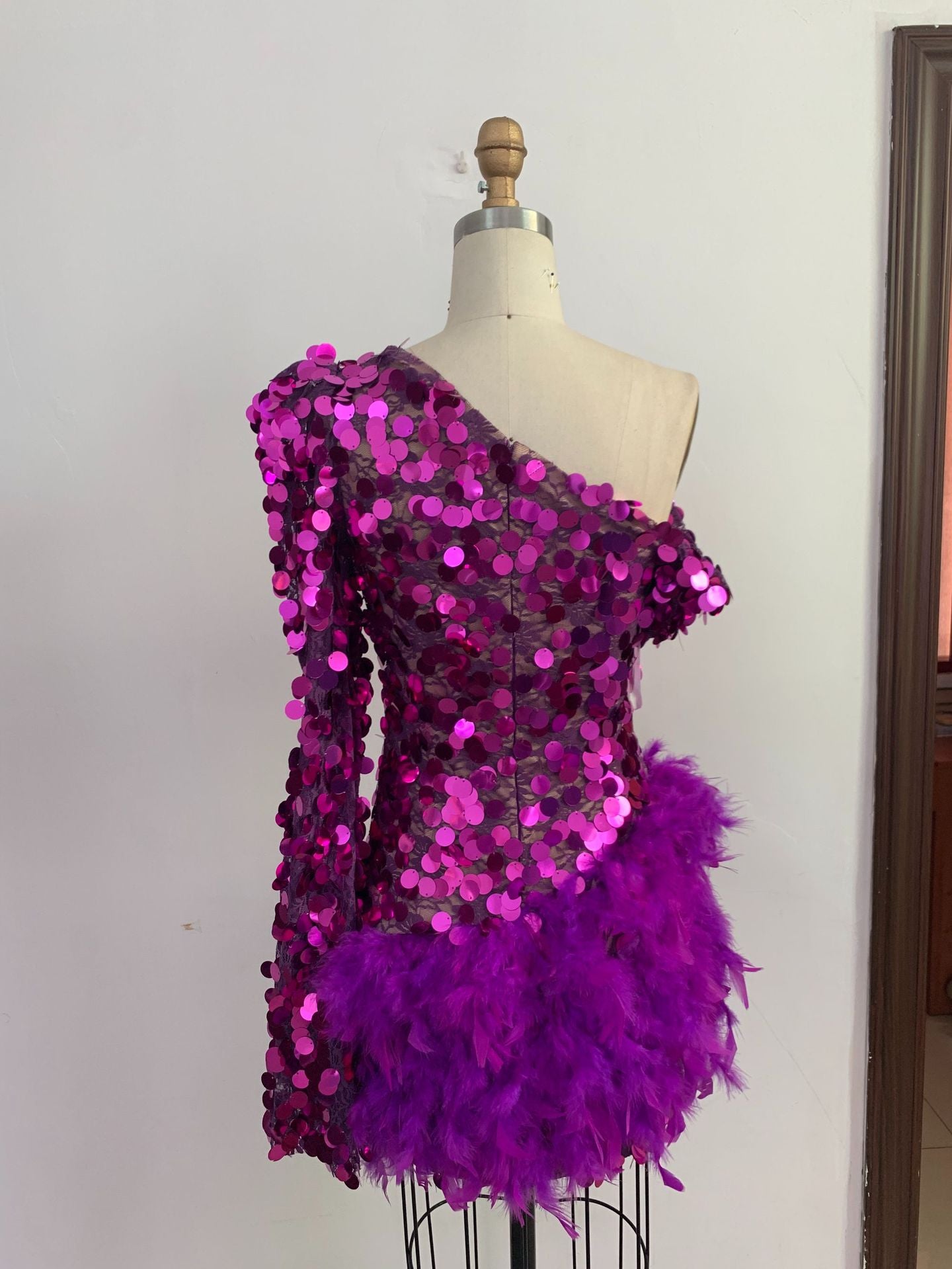 Jupe pourpre à plumes pailletées à une épaule Manche courte Robe de luxe Party Stage Performan