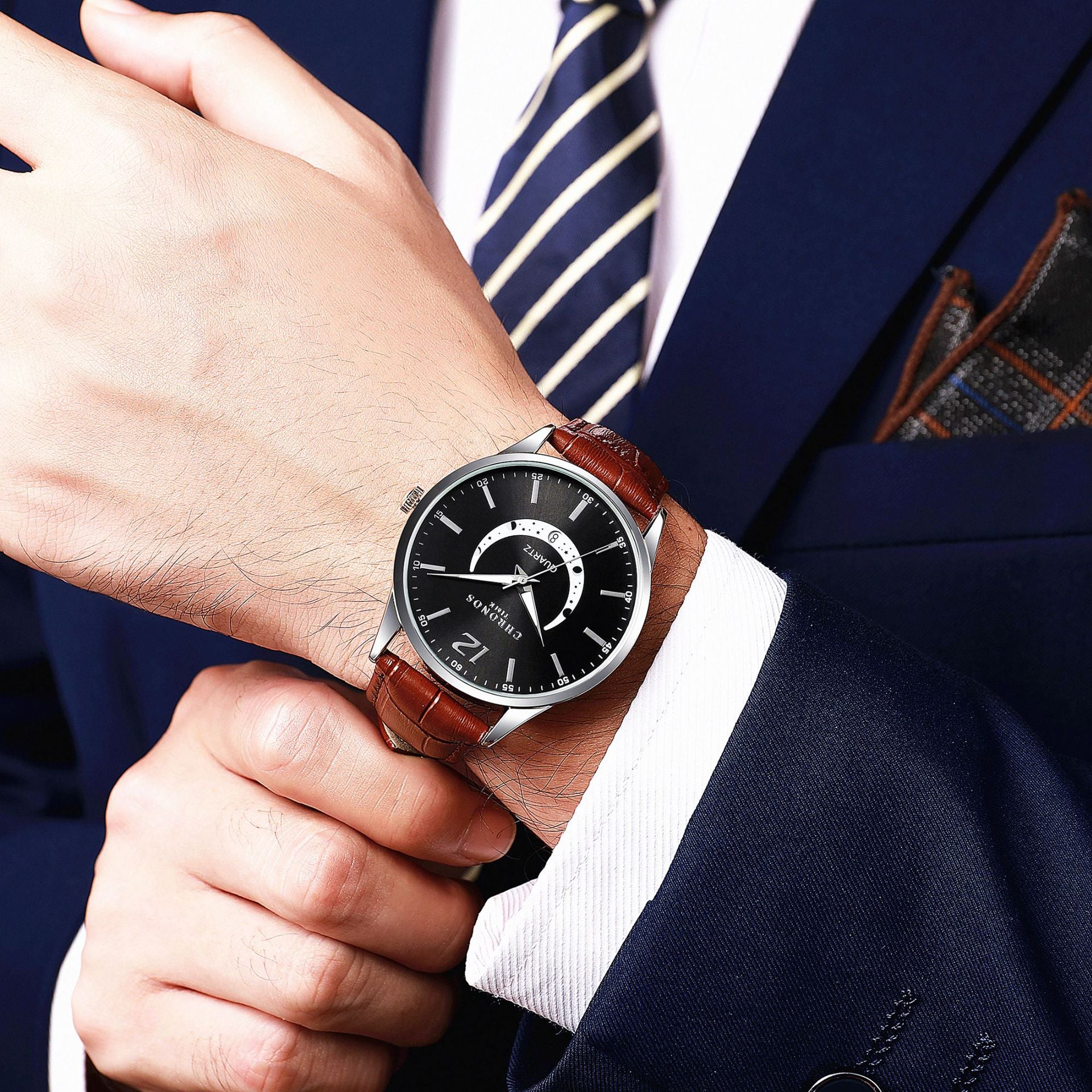 Montre de mode Quartz pour homme Bracelet en cuir véritable