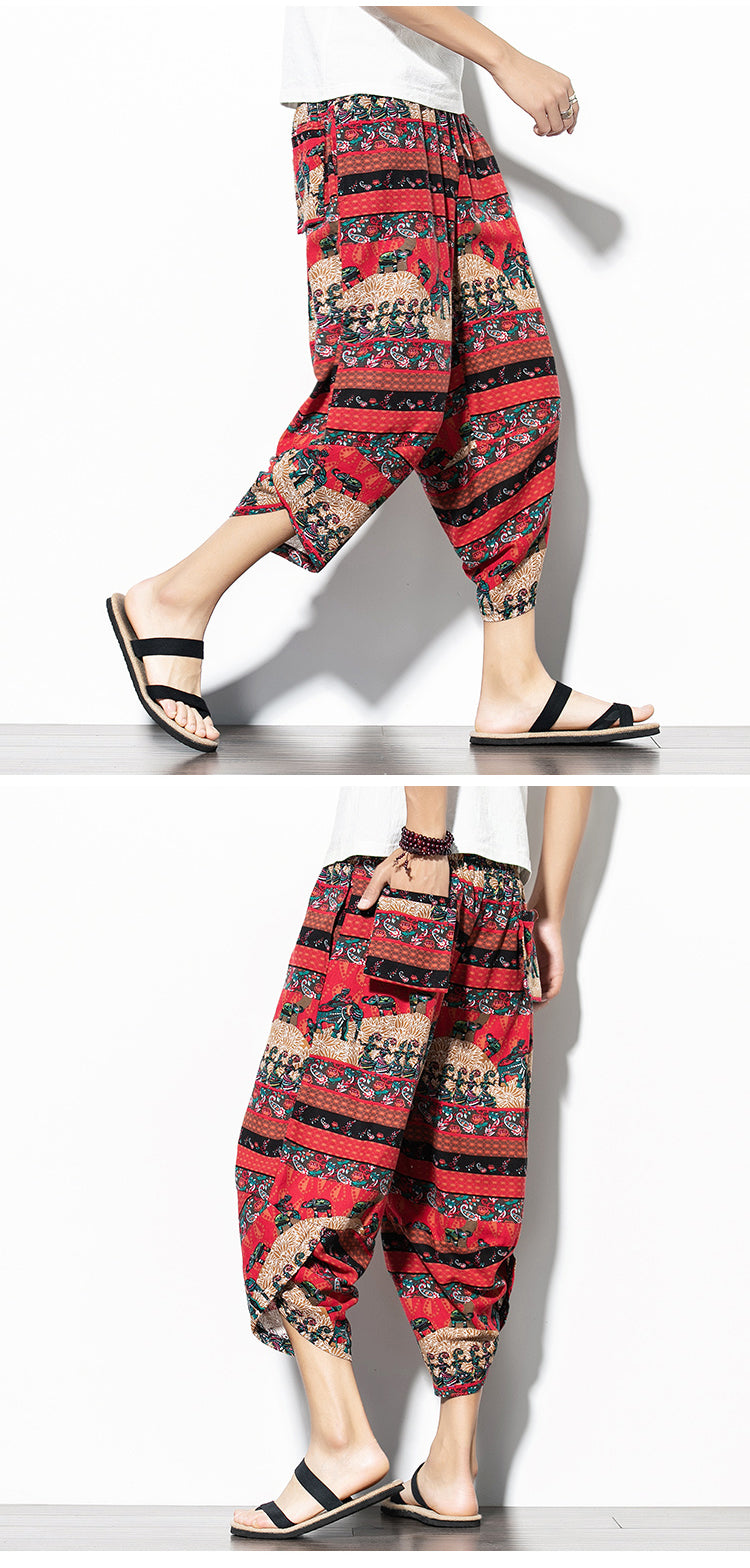 Pantalon imprimé en coton et en lin