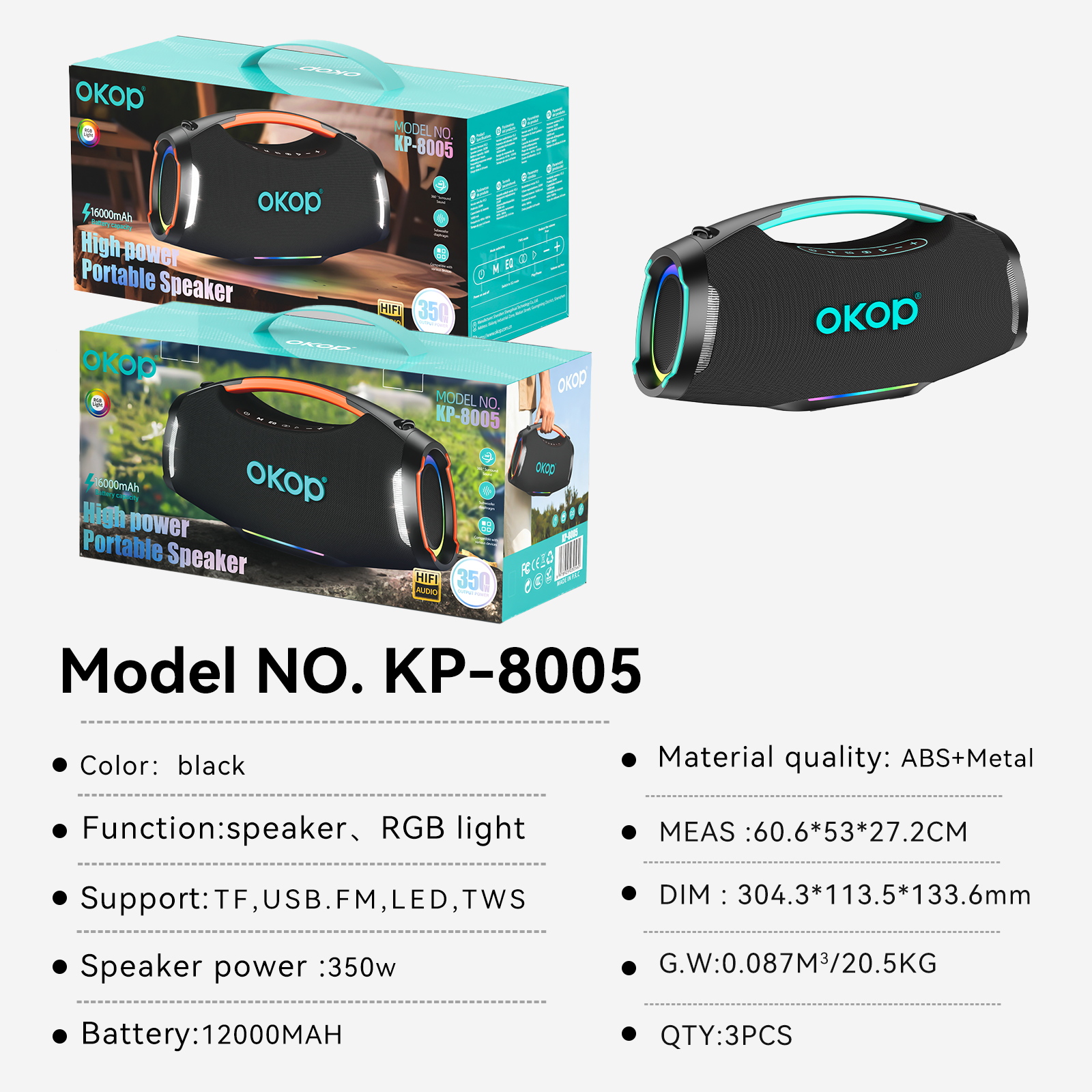 KP-8005 Haut-parleur Bluetooth sans fil portable haute puissance pour les collectes extérieures