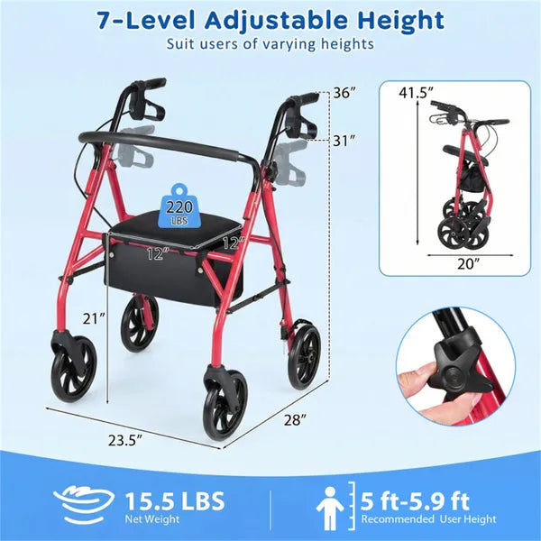 2-en-1 Rollator Walker avec siège (Rouge)