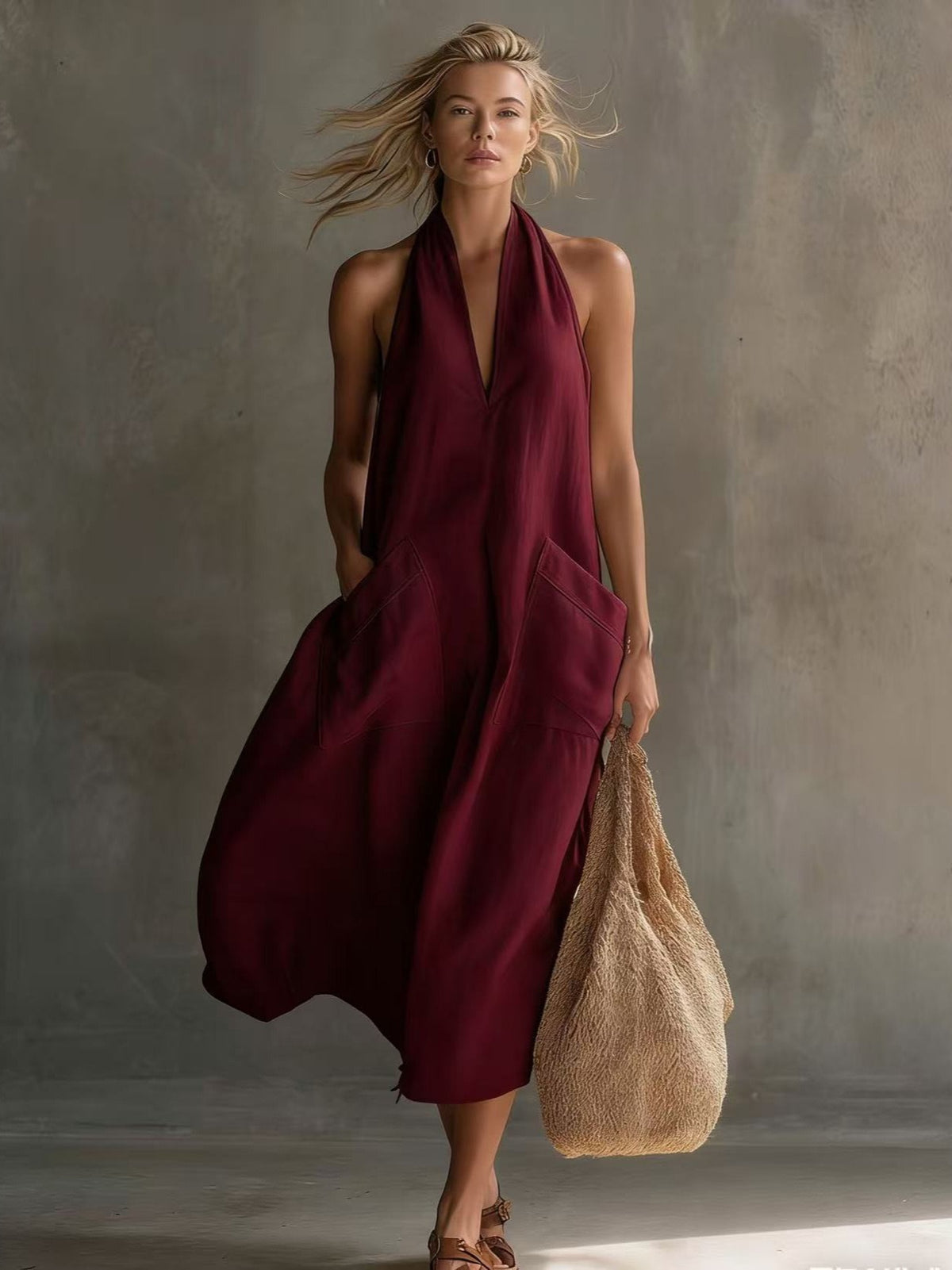 Women's Halter Neck Sleeveless V-Back Summer Dress with Pockets