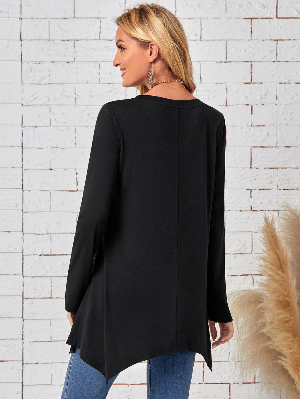 Robe solide manches longues Irrégulier de mode rond cou Top vêtements pour femmes