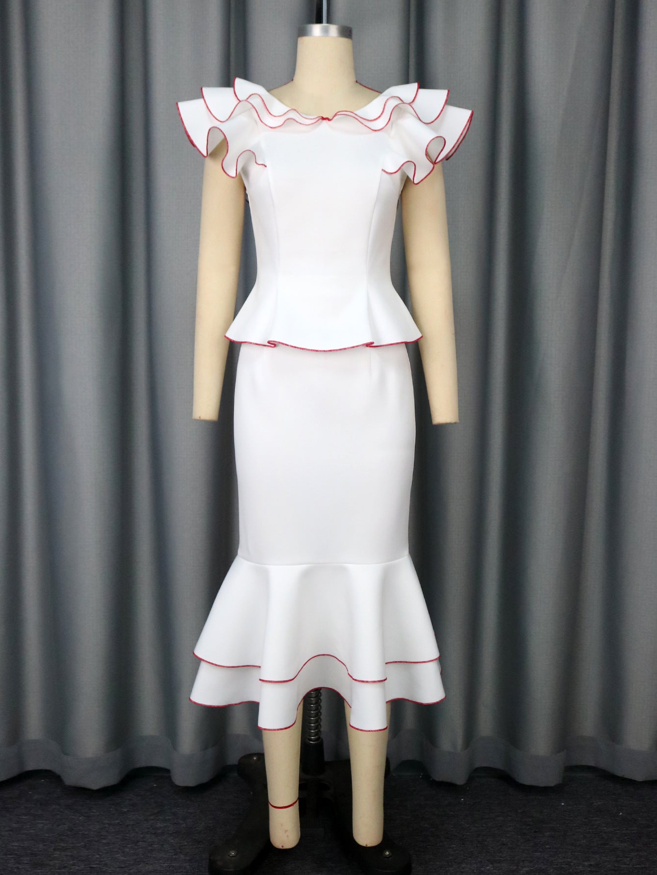 Femmes Ruffled Contrast Couleur Top Tempérament Slim Fishtail Jupe costume