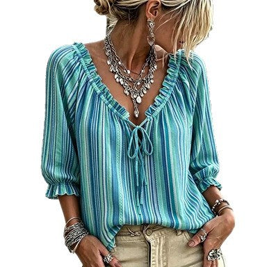 T-shirt V-Neck à manches rayées imprimé pour femmes