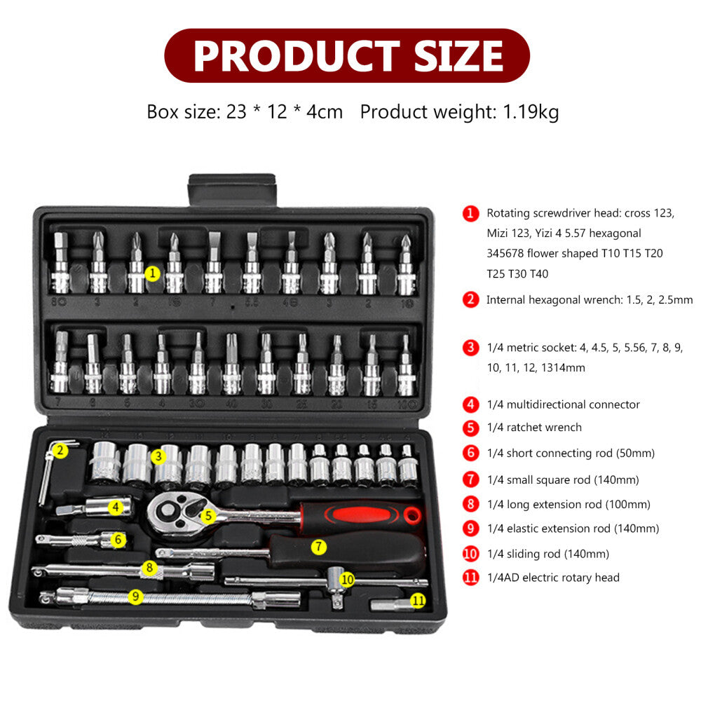 46Pcs métrique Socket 1 4 HSS Drive Ratchet Bit Set clé Torx Hex Tool Kit Case