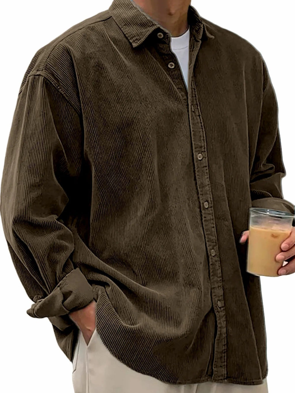 European And American Men's Casual Loose Solid Color Corduroy Lapel Shirt Indépendant Site