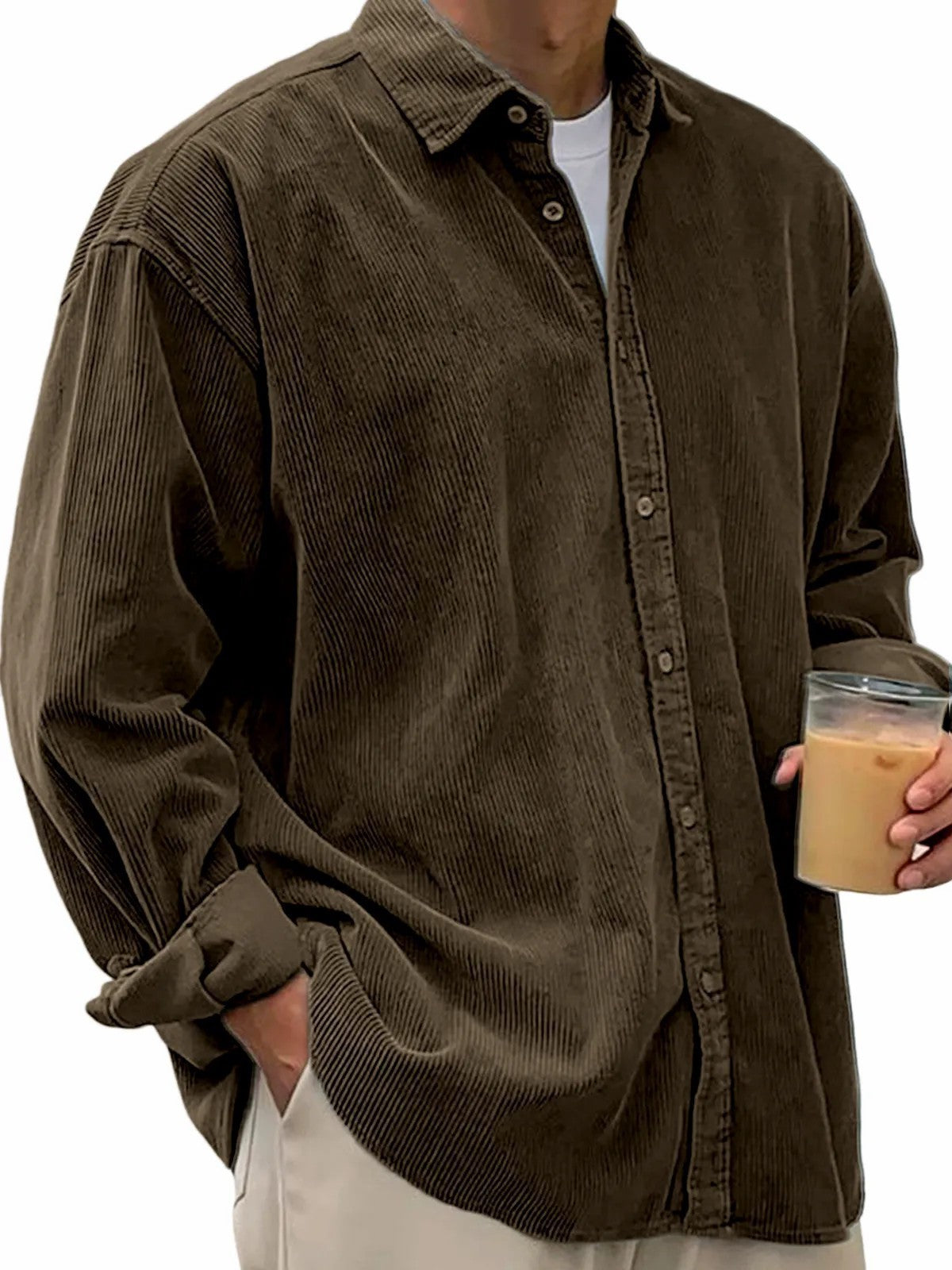 European And American Men's Casual Loose Solid Color Corduroy Lapel Shirt Indépendant Site