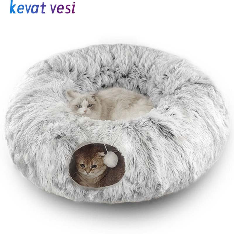 Lit chaud de chat en peluche avec tunnel pour les chats intérieurs Collapsible Donut Cat jouer à coucher Cave