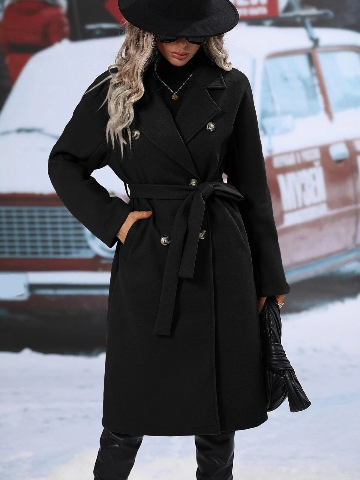 Manteau de laine épaissé de couleur solide