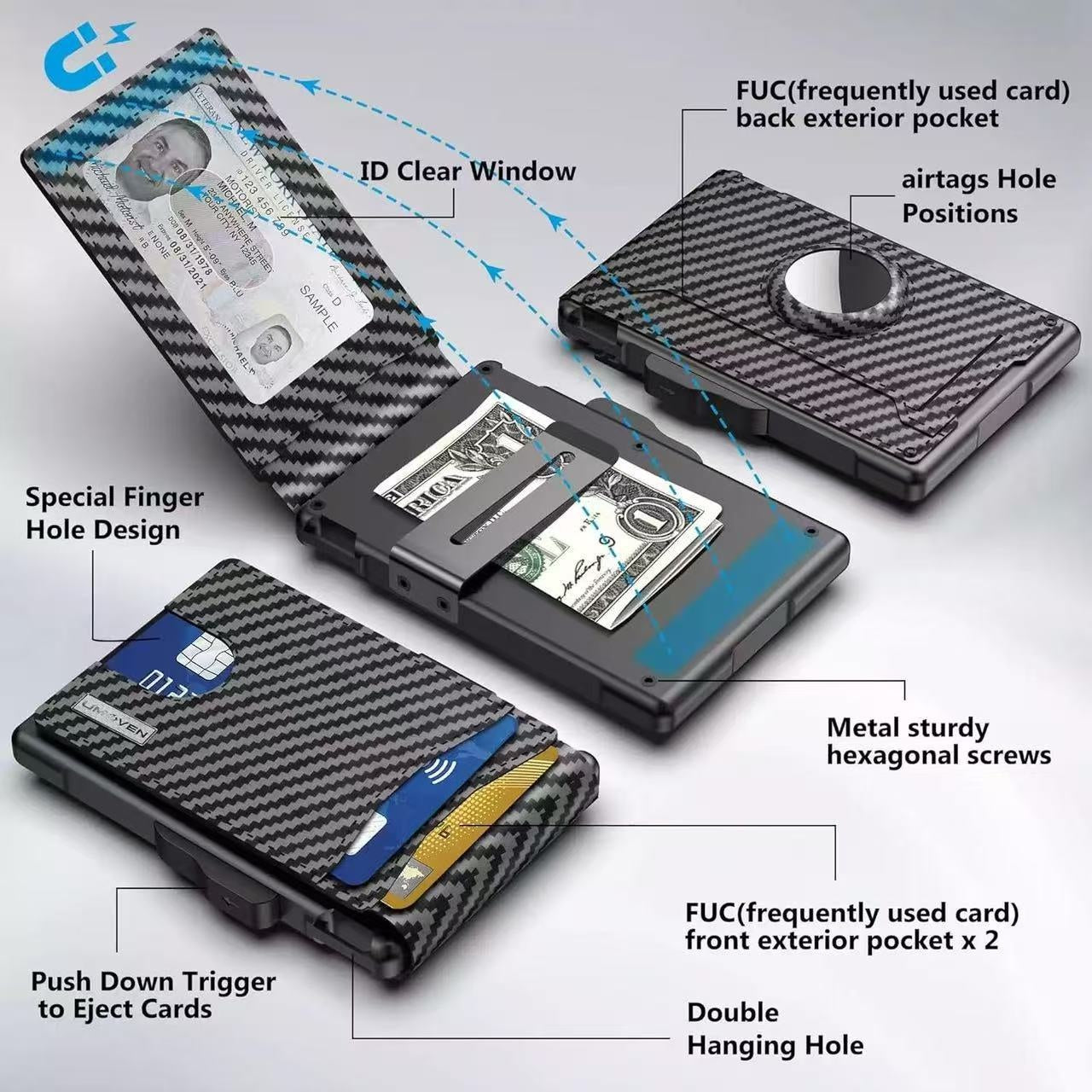 Porte-cartes pour hommes Portefeuille Cartouche en fibre de carbone de grande capacité