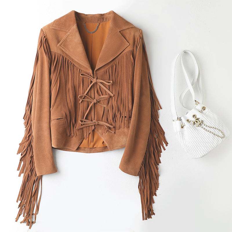 Veste de moto courte en cuir véritable Suede Lapel Tassel