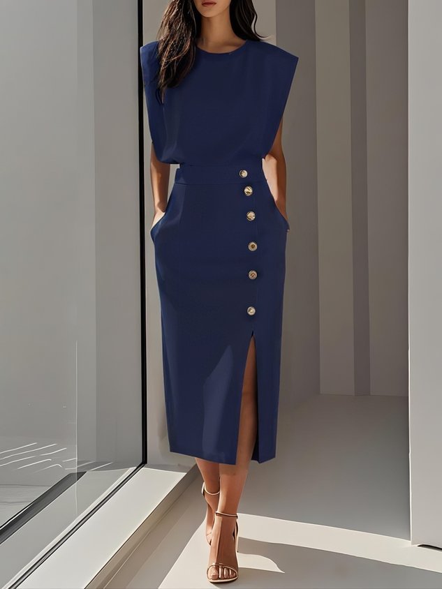 European and American Women's Round Neck Bouton sans manches Slit Solid Color Fashionable Ve
