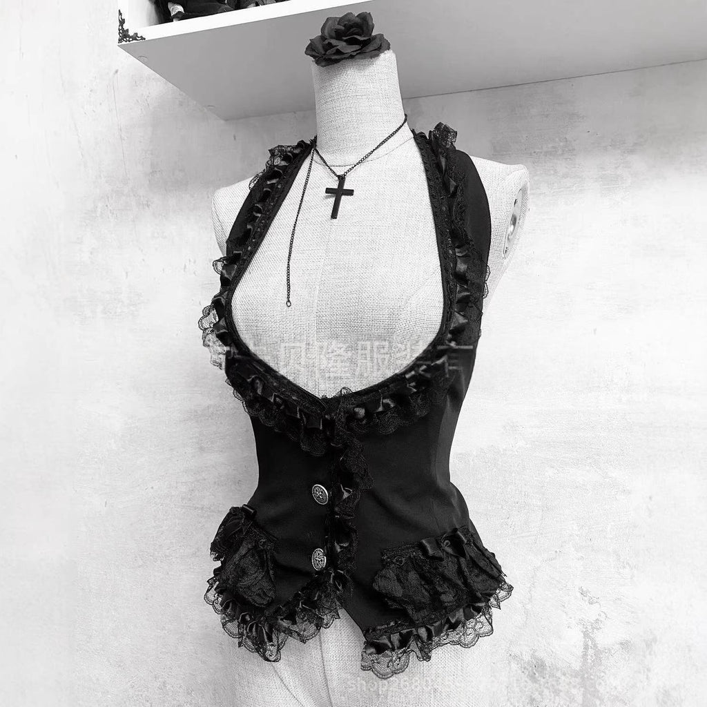 Veste d'haltère en dentelle noire de style gothique foncé pour les femmes