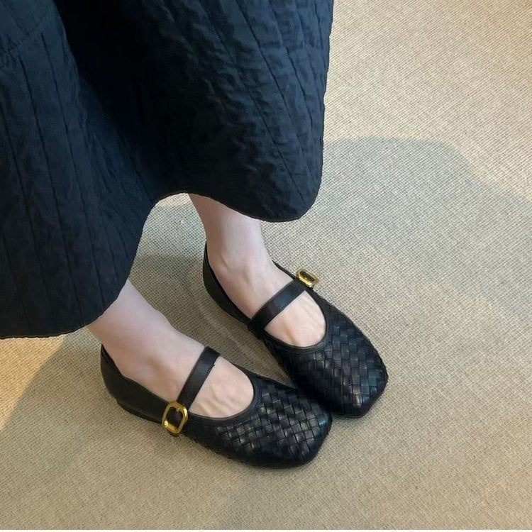 French Woven Shallow Bouche Mary Jane Petite Chaussures en Cuir Pour Célibataire Femme