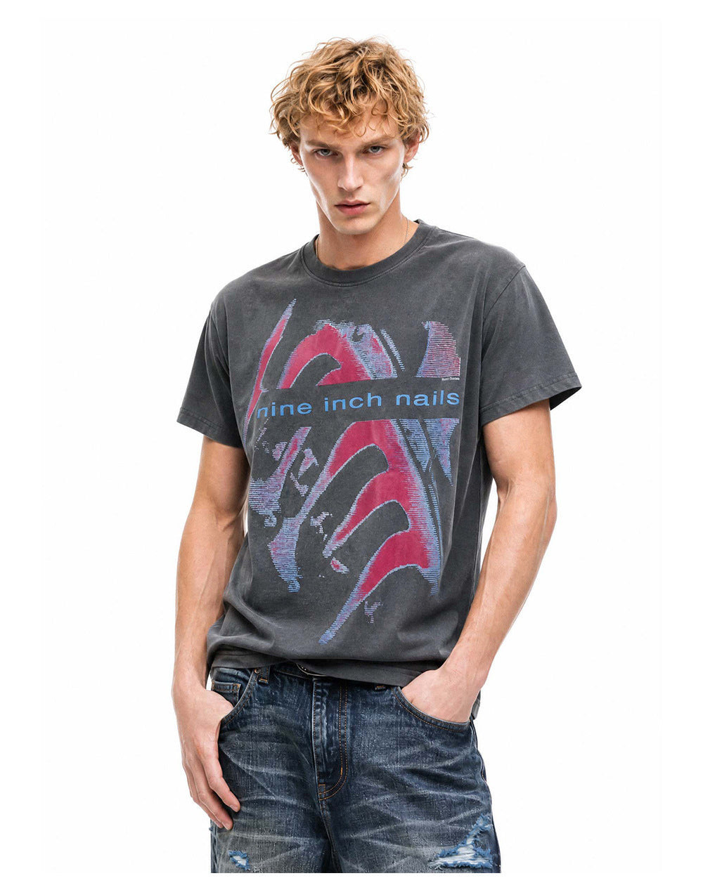 Style américain Vintage Lavé-et-détresse imprimé Relaxed-fit manches courtes