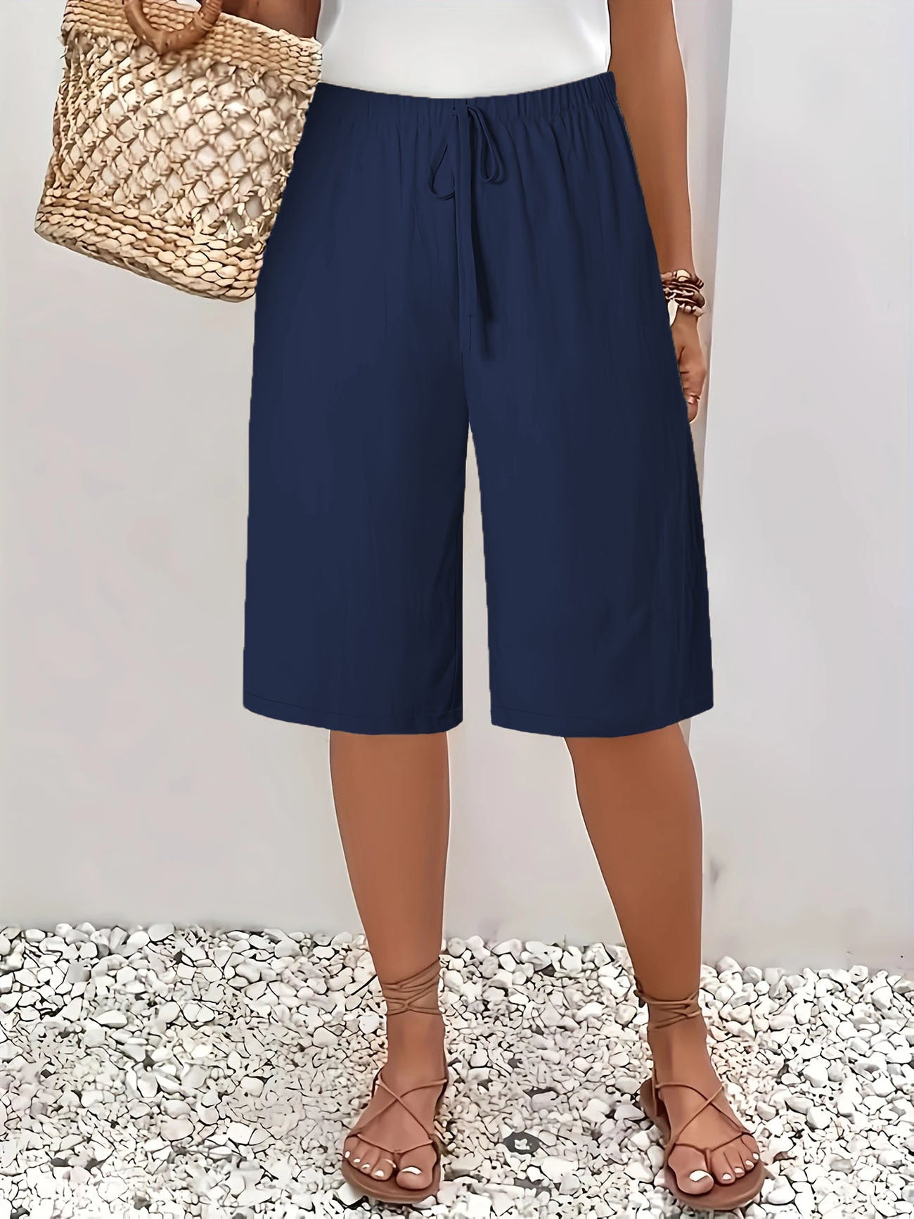 Ss-border European and American Women's Casual Fashion Solid Color Cinq poches mi-longueur