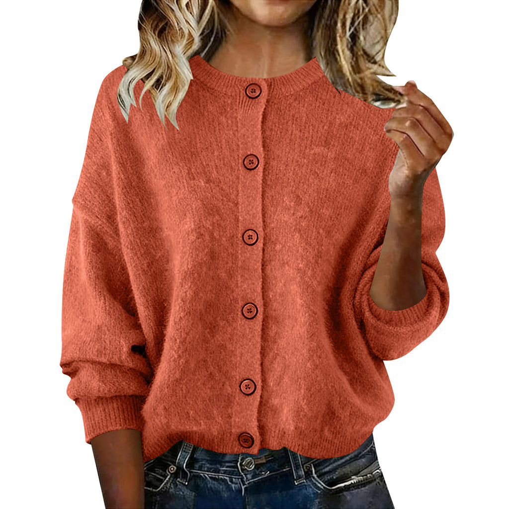 European and American Autumn and Winter Women's Knitted Round Neck Solid Color Long-Sleeved
